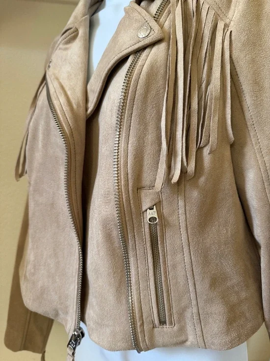 Abercrombie & Fitch Faux Suede Fringe Moto Jacket Tan 🧥 L - Picture 2 of 7